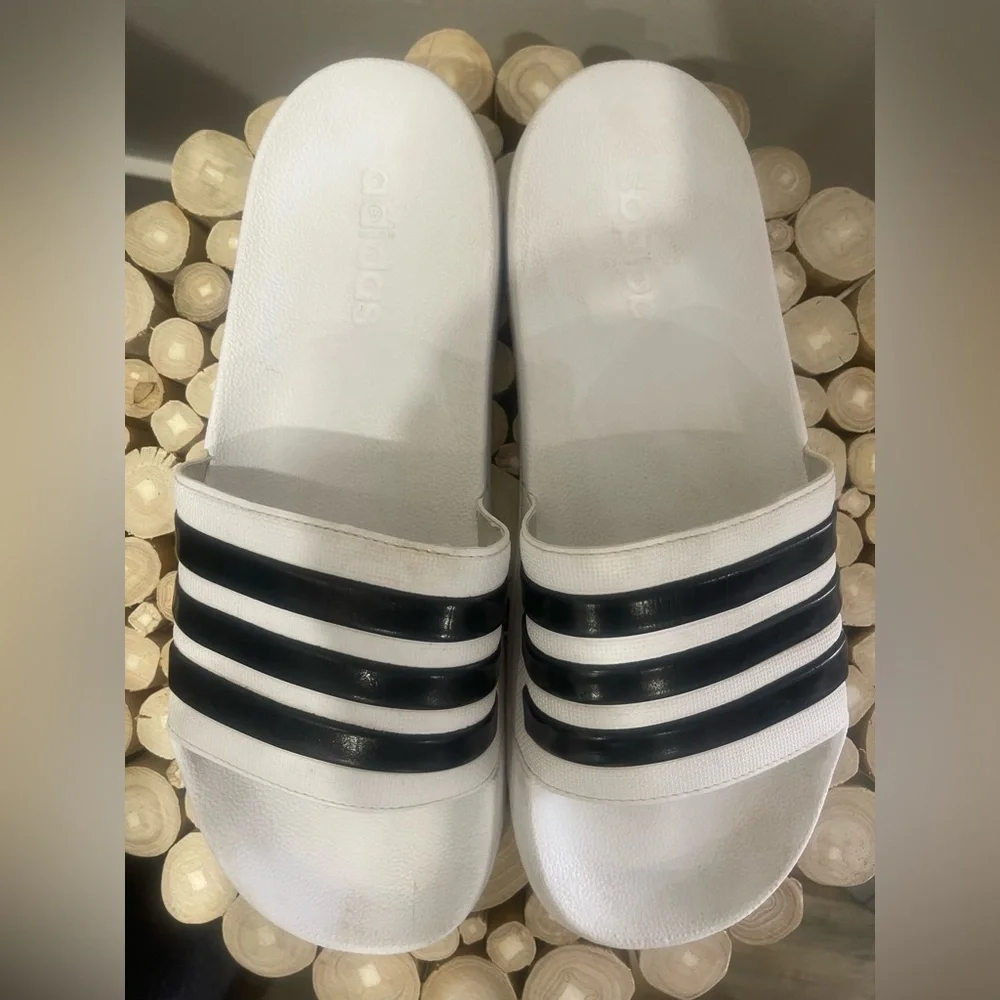 Adidas Adilette White Slides with Black Stripes, Men’s Size 10 Great Condition